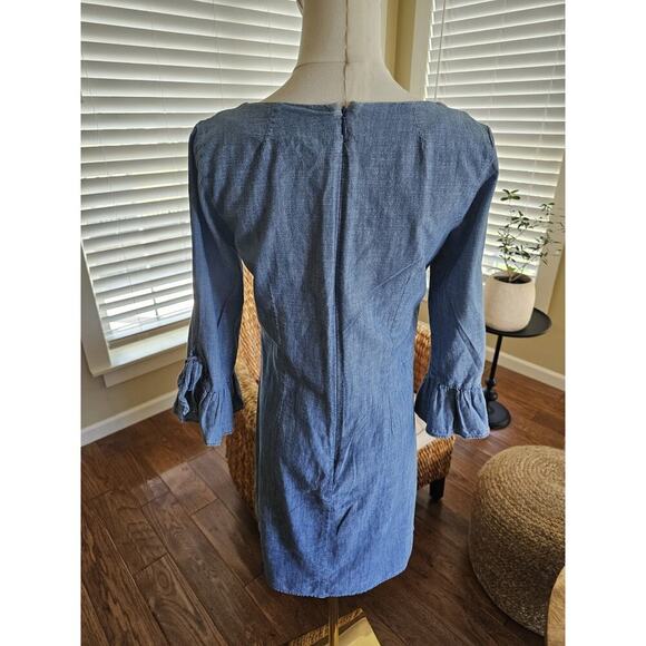 J. Crew Chambray 3/4 Length Ruffle Flare Dress Women's Size 0 Shift Coastal - Picture 5 of 11
